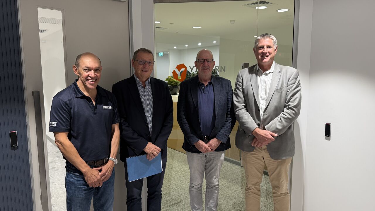 Left–right: Thiess General Manager Mining – Australia West Tim Abrahams,  Yilgarn Iron Director David Paull and Managing Director Fergus Campbell, Thiess Group Executive – Australia West David Greig at the contract signing 