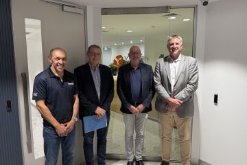 Left–right) Thiess General Manager Mining – Australia West Tim Abrahams,  Yilgarn Iron Director David Paull and Managing Director Fergus Campbell, Thiess Group Executive – Australia West David Greig at the contract signing 