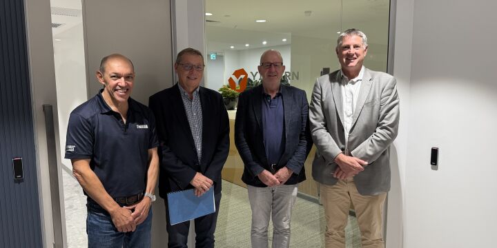 Left–right: Thiess General Manager Mining – Australia West Tim Abrahams,  Yilgarn Iron Director David Paull and Managing Director Fergus Campbell, Thiess Group Executive – Australia West David Greig at the contract signing 