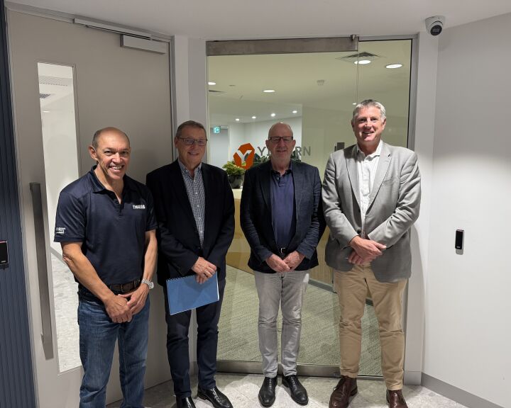 Left–right: Thiess General Manager Mining – Australia West Tim Abrahams,  Yilgarn Iron Director David Paull and Managing Director Fergus Campbell, Thiess Group Executive – Australia West David Greig at the contract signing 
